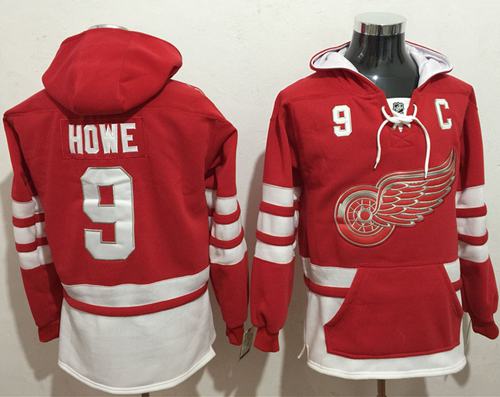 Red Wings #9 Gordie Howe Red Name & Number Pullover NHL Hoodie - Click Image to Close